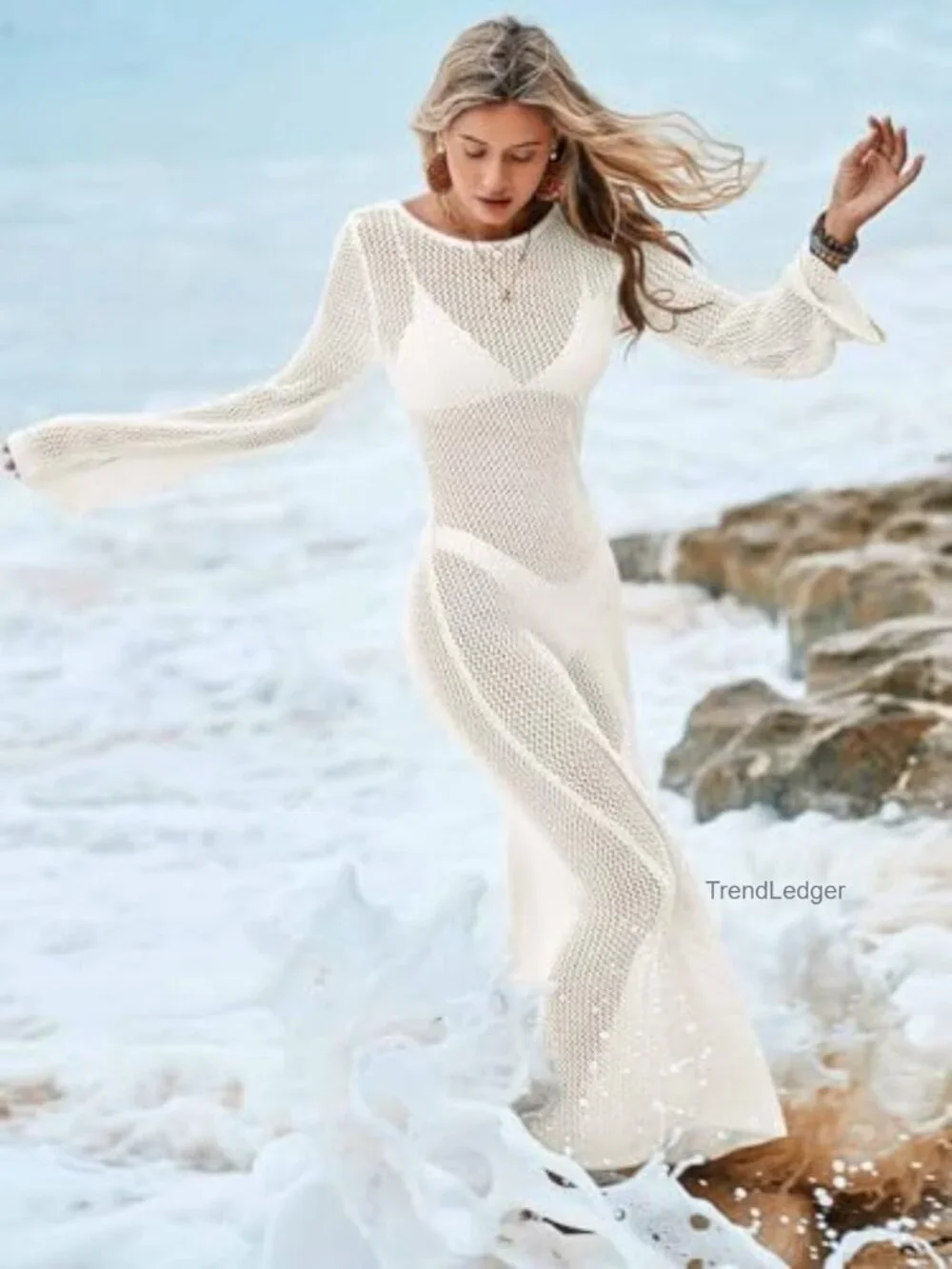 Crochet Long Sleeve Backless Beach Maxi Dress Cover Up